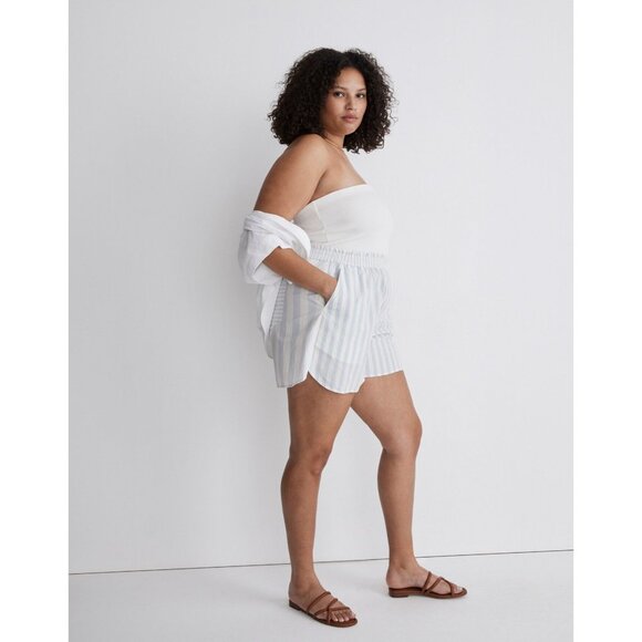 Madewell Cotton Poplin Pull-On Shorts Women's Sz Large Weathered Sky Blue Stripe - Picture 11 of 16